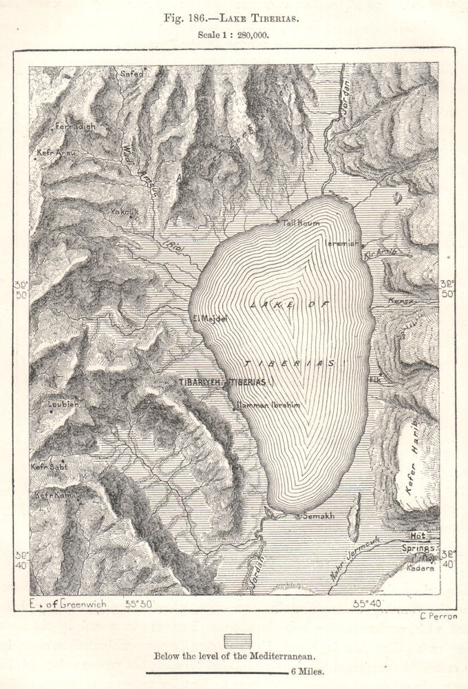 Lake Tiberias. Israel. Sketch map 1885 old antique vintage plan chart